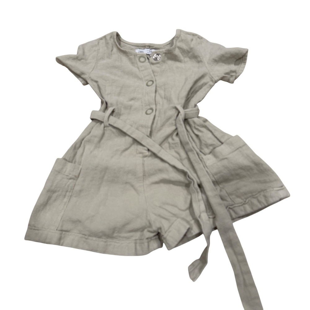 Zara Kids Sage Green Textured Button Front Romper Belted Cargo Pockets Size 3-4Y